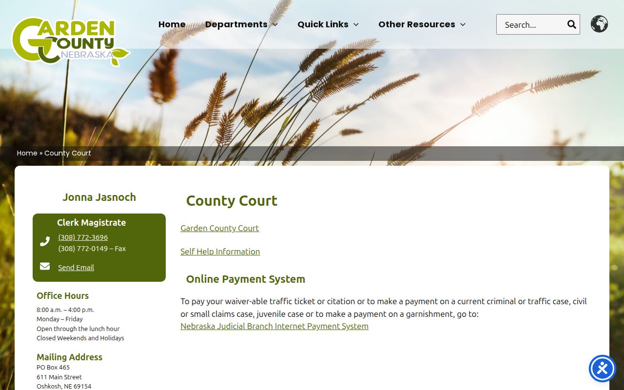Garden County Court contact page used for Lewellen warrant records