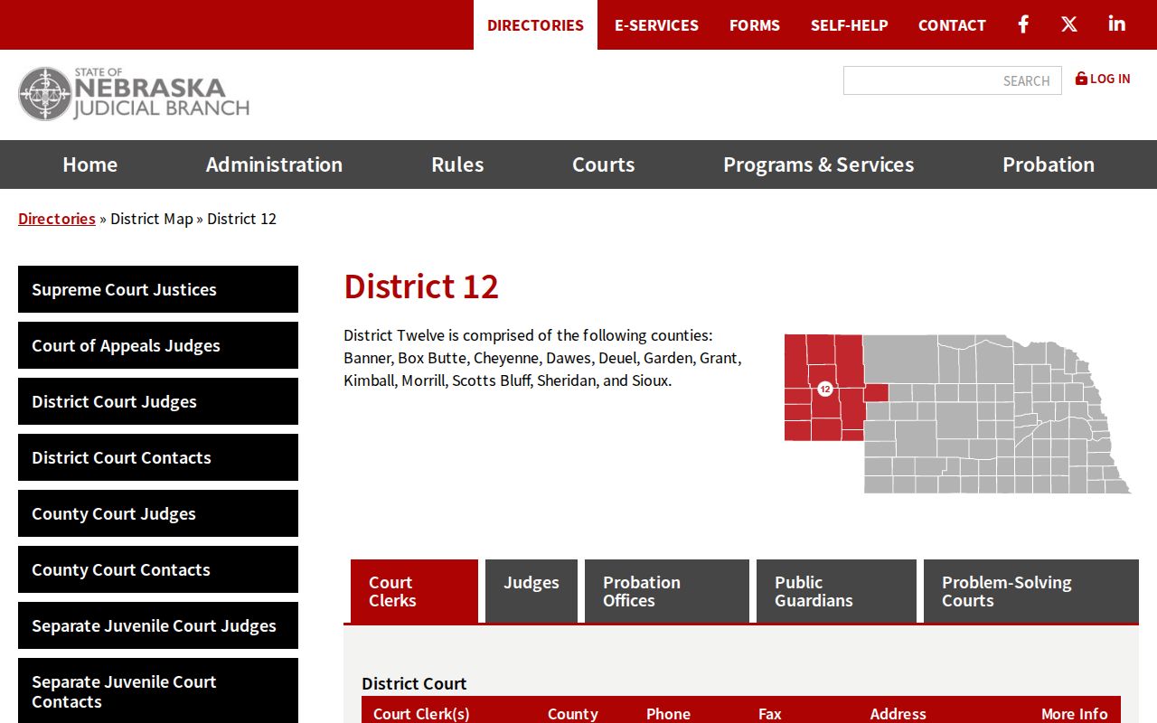 District 12 court directory used for Garden County active warrant routing