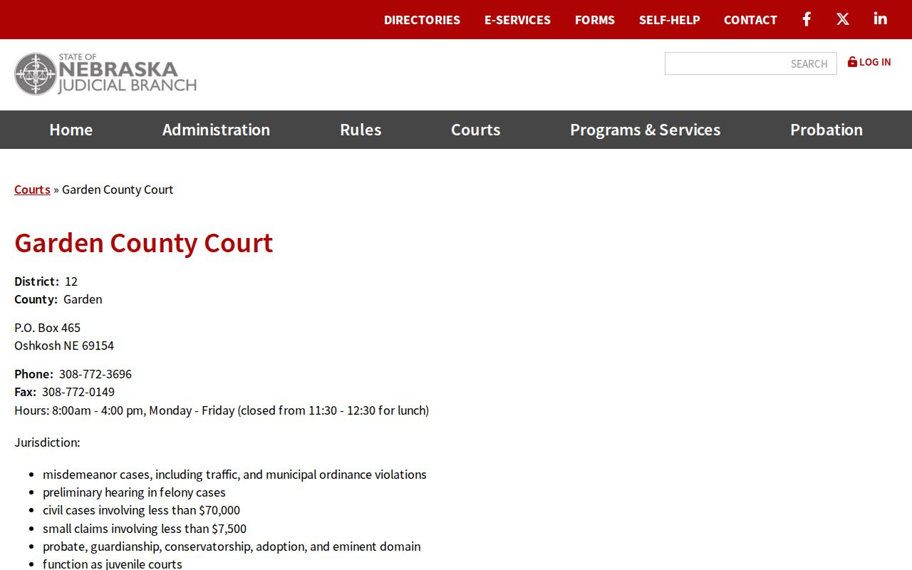 Nebraska Judicial Branch Garden County Court profile for active warrant questions