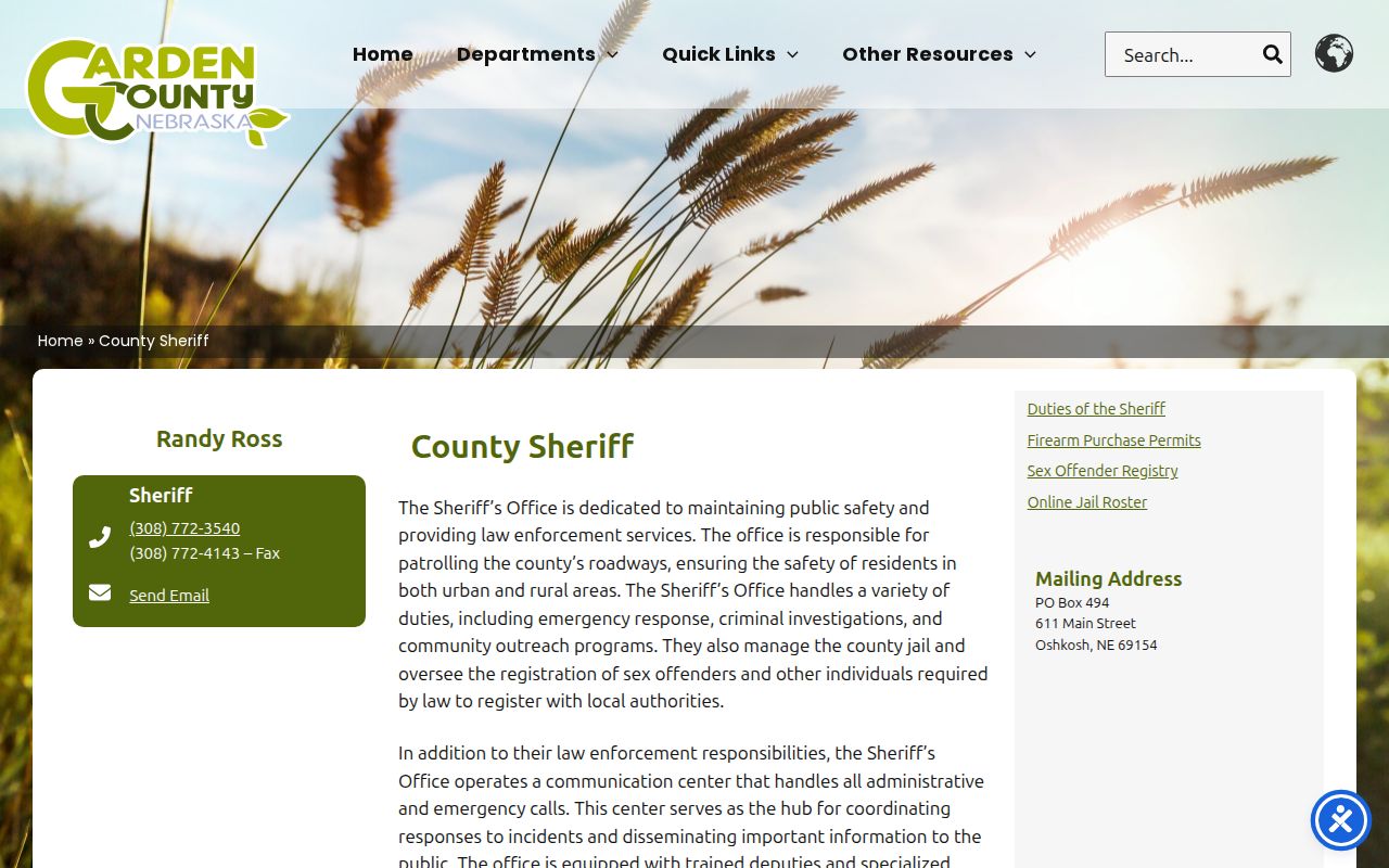 Garden County Sheriff contact page for warrant records